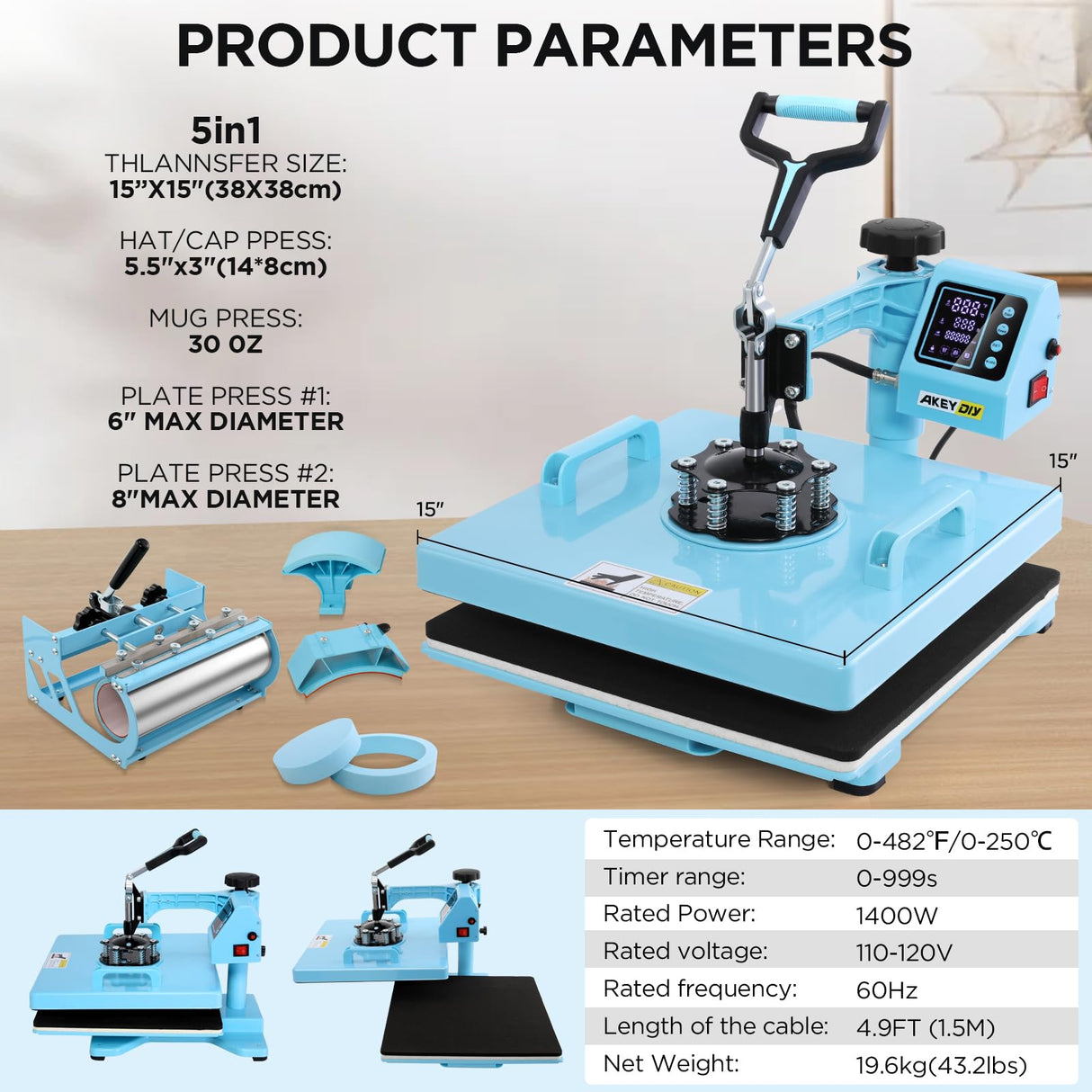 AKEYDIY Heat Press, 15x15 Shirt Press Machine with 30 OZ Tumbler Attachment, 5 in 1 Sublimation Shirt Printing hat and Mug Heat Press Digital Heat Press Machine for T Shirts/Tumbler/Mug/Cap/Plate AKEYDIY