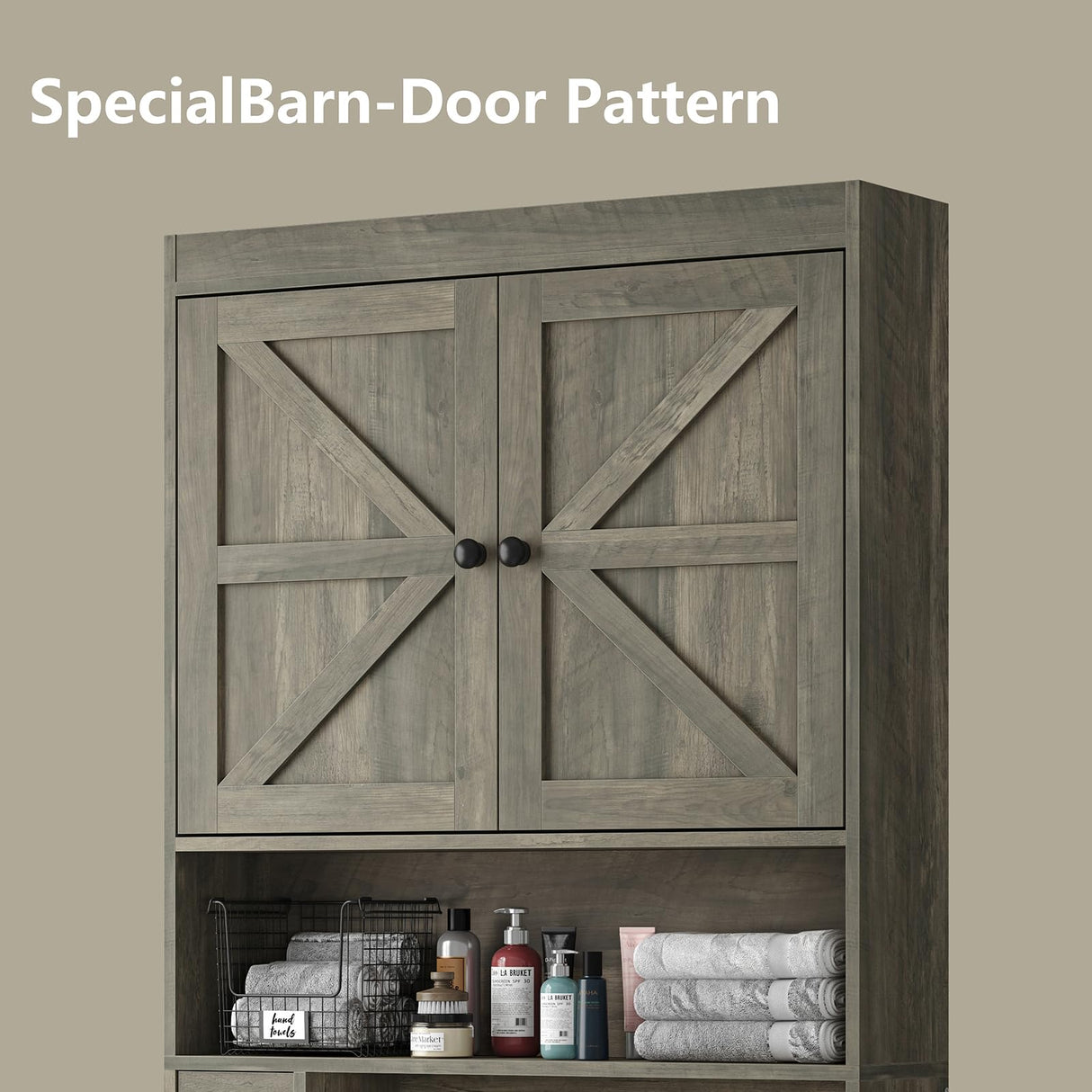 furomate 32.3''W Over The Toilet Storage Cabinet with Barn Doors, Over Toilet Shelf Farmhouse Storage Cabinet Space Saver with Toilet Paper Holder & Adjustable Bottom Bar, Gray Furnideco