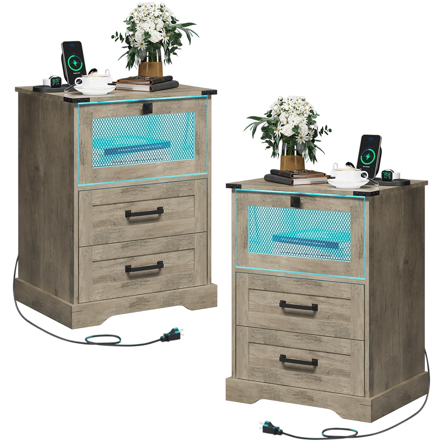 Set of 2 Hasuit Rustic Oak Nightstands with LED Lights and Charging Station - WoodArtSupply