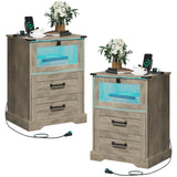 Set of 2 Hasuit Rustic Oak Nightstands with LED Lights and Charging Station Hasuit