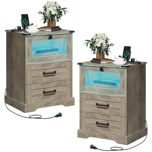 Set of 2 Hasuit Rustic Oak Nightstands with LED Lights and Charging Station - WoodArtSupply