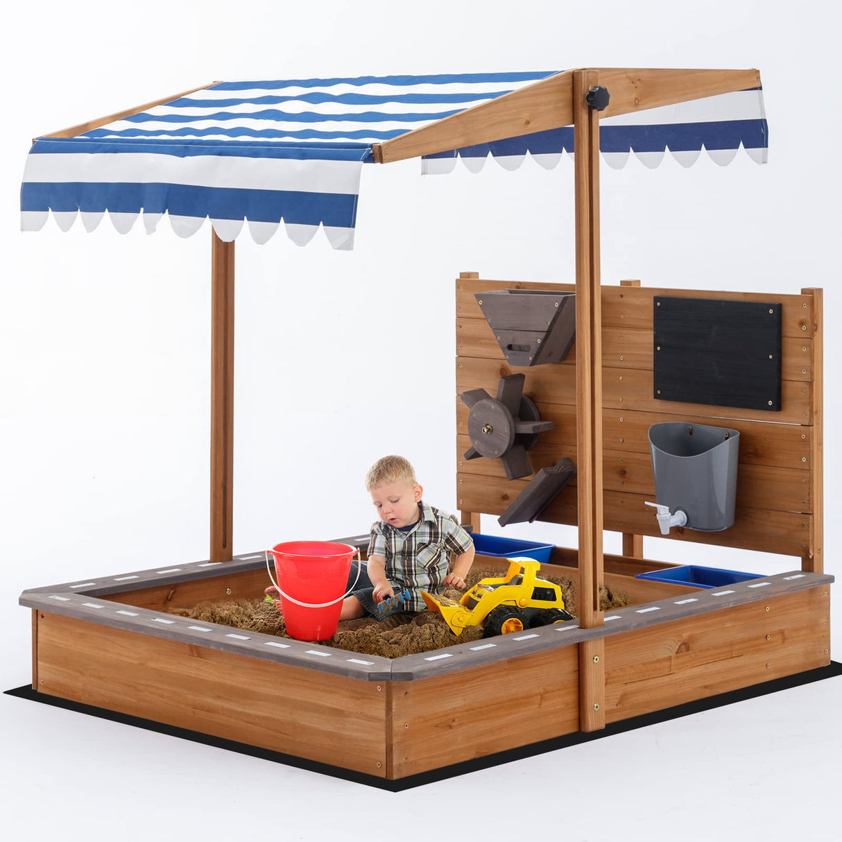 Kids Large Wooden SandBoxes with Roof, Pipleo Outdoor Sand Box Play w/Canopy for Backyard Garden Beach, Sand Pit for Beach Patio Outdoor, [Adjustable Cover & Sand Funnel & Drawing Board] - Brown Oak Pipleo