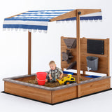 Kids Large Wooden SandBoxes with Roof, Pipleo Outdoor Sand Box Play w/Canopy for Backyard Garden Beach, Sand Pit for Beach Patio Outdoor, [Adjustable Cover & Sand Funnel & Drawing Board] - Brown Oak Pipleo