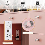 VOWNER Vanity with Lighted Mirror - Makeup Vanity Desk with Glass Top, 7 Drawers and Power Outlet, 3 Color Lighting Modes Adjustable Brightness, 44" Vanity Table with Stool for Women Girls, Pink VOWNER