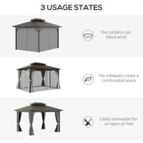 Outsunny 10' x 12' Hardtop Gazebo with Curtains and Netting, Permanent Pavilion Metal Double Roof Gazebo Canopy with Aluminum Frame and Hooks, for Garden, Patio, Backyard, Gray Outsunny