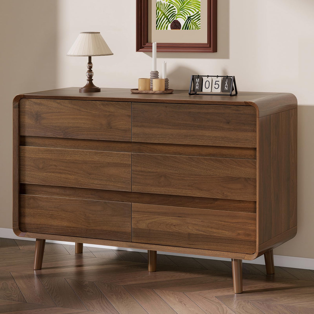 Nasonet 6 Drawer Dresser for Bedroom, Mid Century Modern Dressers & Chests of Drawers, Wood Storage Drawer Dressers for Hallway, Entryway, Walnut Nasonet