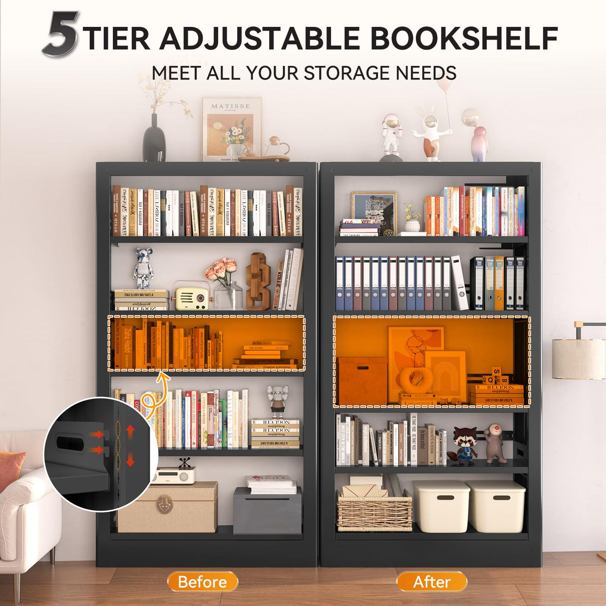 CRPDY 71" Tall Metal Bookshelf 5 Tier Heavy Duty Bookshelves with Adjustable Storage Shelves Library Bookcase with Book Stopper for Living Room, Library, Office, Bedroom, School CRPDY