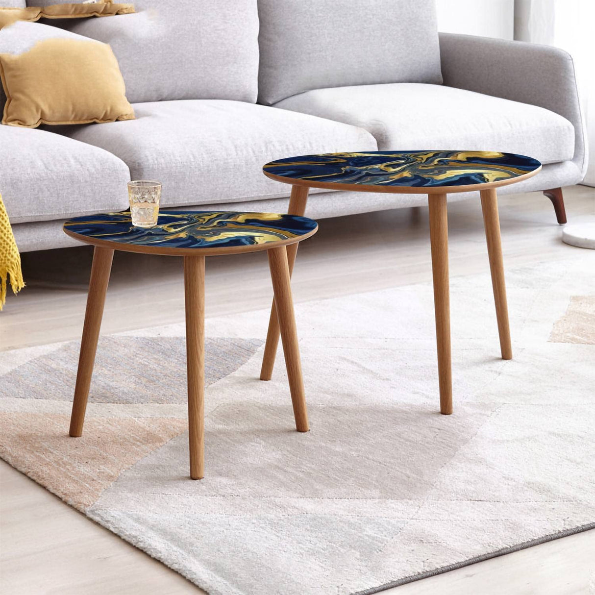 DQWIJAKX91 Small Coffee Nesting Table Luxury Blue Marble Gold Abstract Texture Indigo Ocean Blue marbling Modern Minimalist Side Table Triangle End Tea Table Center Table Set of 2Living Room Bedroom DQWIJAKX91