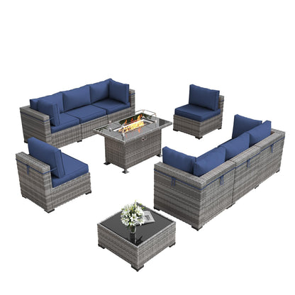 Amopatio Patio Furniture with Fire Pit, Outdoor Furniture Wicker Furniture Couch Set, 10 Pieces Outdoor Sectional Sofa with Patio Furniture Cover, 44" Gas Fire Pit Outdoor Furniture (Navy) - WoodArtSupply