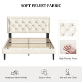 CXVX Queen Size Platform Bed Frame with Upholstered Velvet Button Tufted Headboard, Mattress Foundation with Wooden Slat Support, No Box Spring Needed, Easy Assembly, Noise Free, Beige CXVX