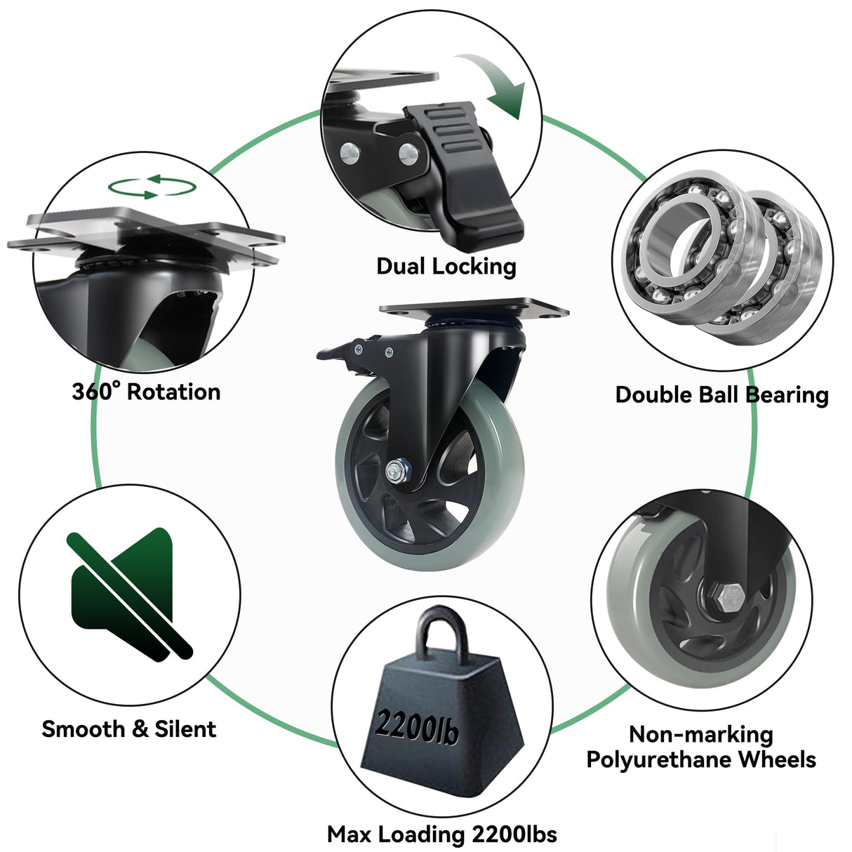 5 Inch Caster Wheels, Casters Set of 4 Heavy Duty, BZOLIHEU Locking Casters, Silent Top Plate Swivel Casters with Brake, Grey Polyurethane Castor Wheels for Furniture and Workbench Cart BZOLIHEU