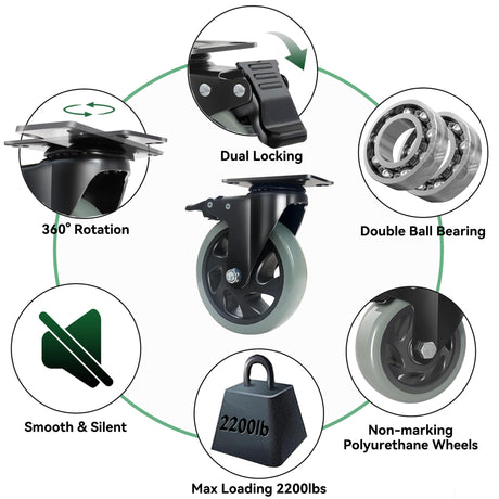 5 Inch Caster Wheels, Casters Set of 4 Heavy Duty, BZOLIHEU Locking Casters, Silent Top Plate Swivel Casters with Brake, Grey Polyurethane Castor Wheels for Furniture and Workbench Cart BZOLIHEU