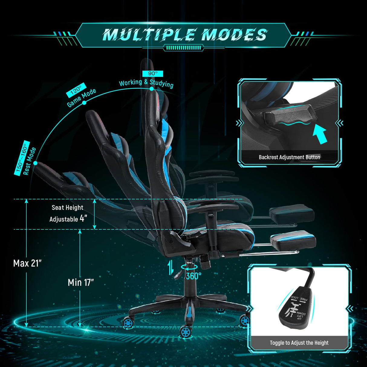 AA Products Gaming Chair Ergonomic High Back Computer Racing Chair Adjustable Office Chair with Footrest, Lumbar Support Swivel Chair - Upgraded Version BlackBlue AA Products Inc.