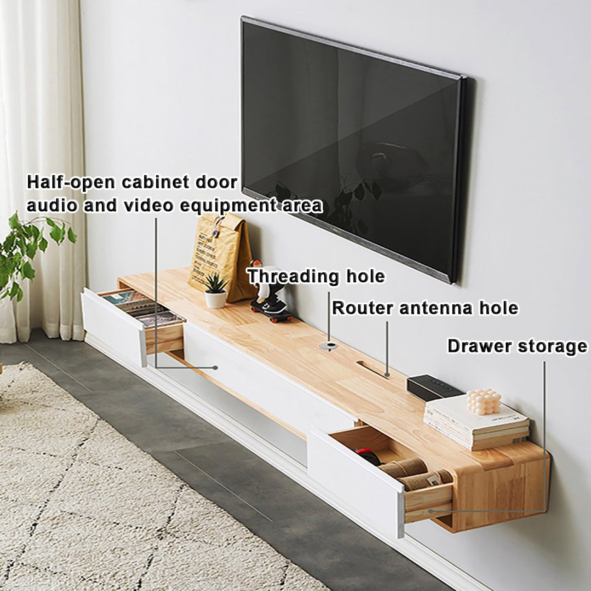 Floating tv stand，Wall Mounted TV Cabinet,Entertainment Center Wall Mounted Media Console，With two drawers and a semi-open storage space， Floating Shelves With Door，For Storage Hutch Under TV(Brown,63 HPIRFYE