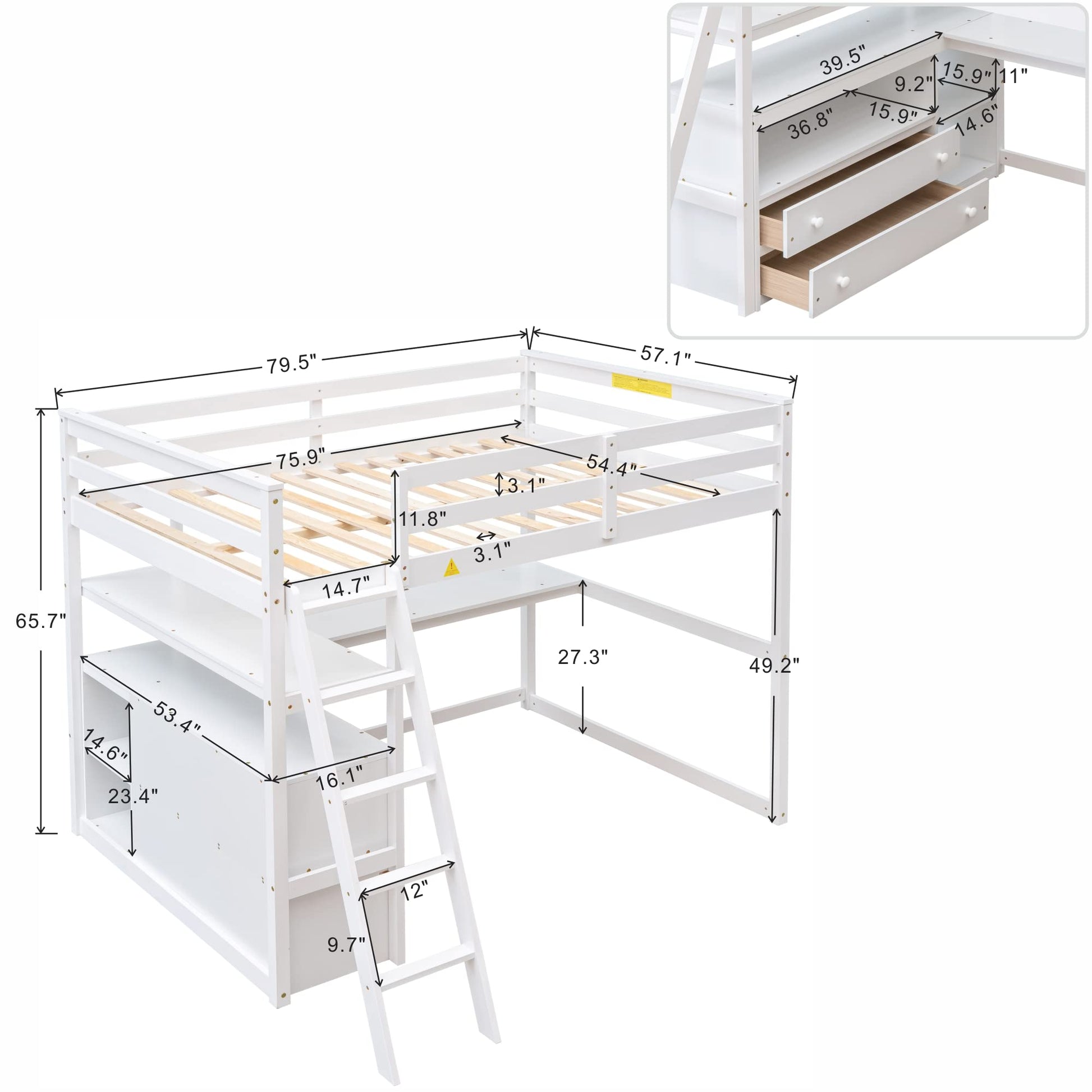 Harper & Bright Designs White Full Size Loft Bed with Desk, Shelves and Two Drawers for Kids and Teens - WoodArtSupply