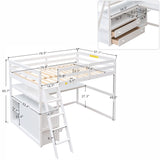 Merax Full Size Loft Bed with Desk Wood Loft Bed Frame with Shelves, and 2 Built-in Drawers, White Merax