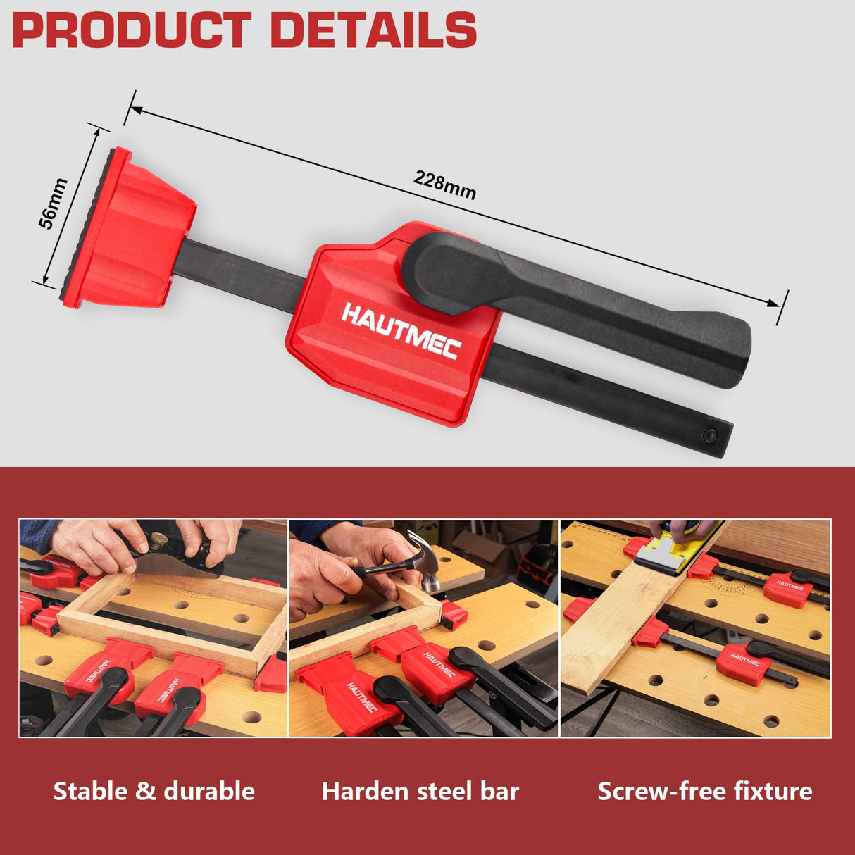 HAUTMEC Bench Dog Clamp, 3/4" Dog Hole Clamp, Up to 170 Lbs Clamping Force, Adjustable Bench Clamp with Protective Pads for Woodworking, Quick Clamps for 19mm Bench Dogs Holes(2 Pack), HT0276-CL HAUTMEC
