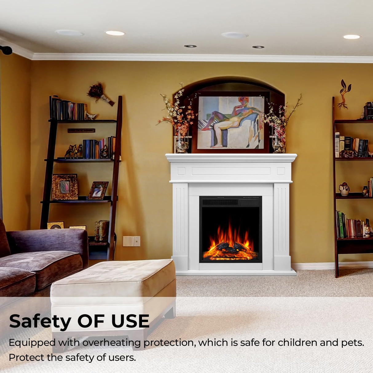 43” Electric Fireplace Mantel Freestanding Electric Fireplace, Remote Control, Adjustable Led Flame, 750W/1500w PEARLWHITE Electactic