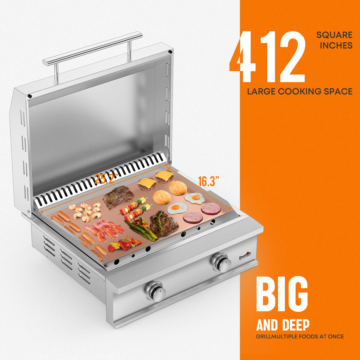 Stanbroil 28-Inch Premium Built-In Natural Gas Griddle for Outdoor Kitchen Grill, Durable Stainless Steel 2-Burner Flat Top Grill with Lid for BBQ Island, 34,000 BTUs Stanbroil