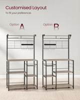 VASAGLE Greige and Black Bakers Rack with Magnetic Knife Holder, Paper Towel Holder, Wire Basket, and 8 Hooks for Organised Kitchen Storage VASAGLE