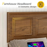 Incyneva Farmhouse Platform Queen Bed Frame Wood with Adjustable Headboard, LED Light and Charging Station, No Box Spring Needed, Noise Free, Geometric Design & Vintage Brown Incyneva