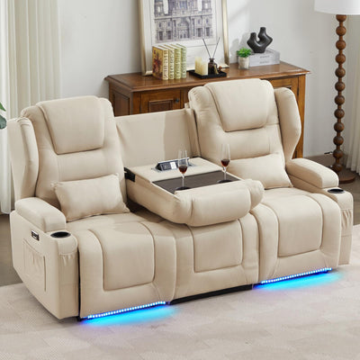 SAMERY Power Loveseat Recliner Sofa with Adjustable Split Back, Multi-Port Charger, Flip-Up Backrest & LED Lighting - Home Theater Seating with Storage, Cup Holders, Beige Fabric Loveseat Recliner