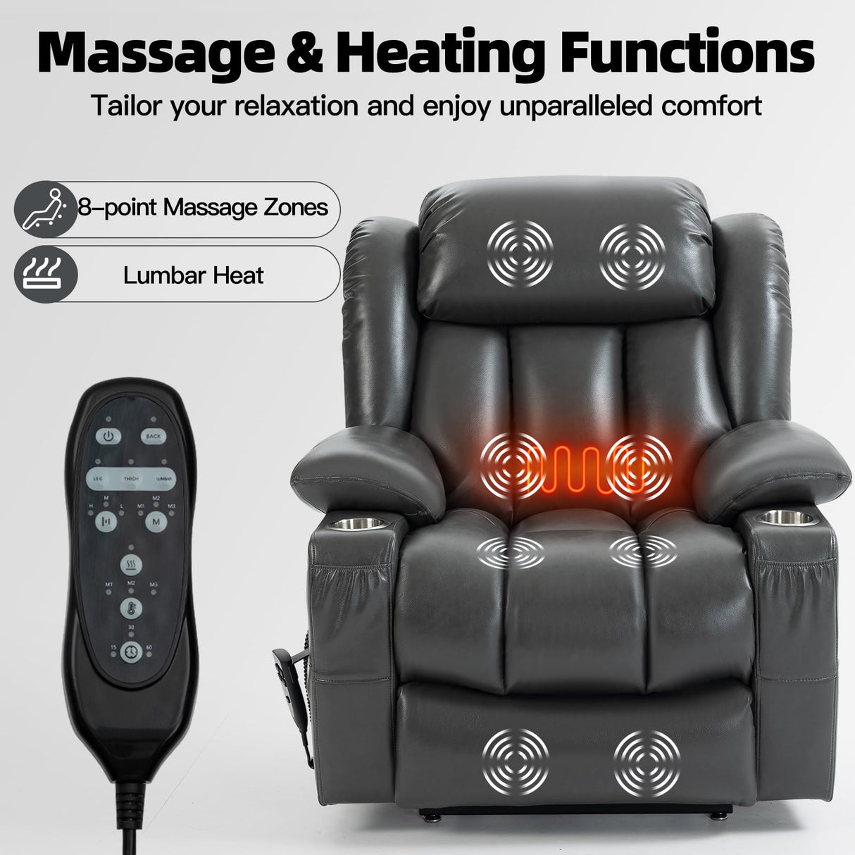 EZZUP Lay Flat Lift Recliner Chair with Massage & Heat for Elderly People, Electric Power Lift Chair w/Dual Motor, 2 Stainless Steel Cup Holders and 2 Remote Controls, Breathable Faux Leather Grey EZZUP