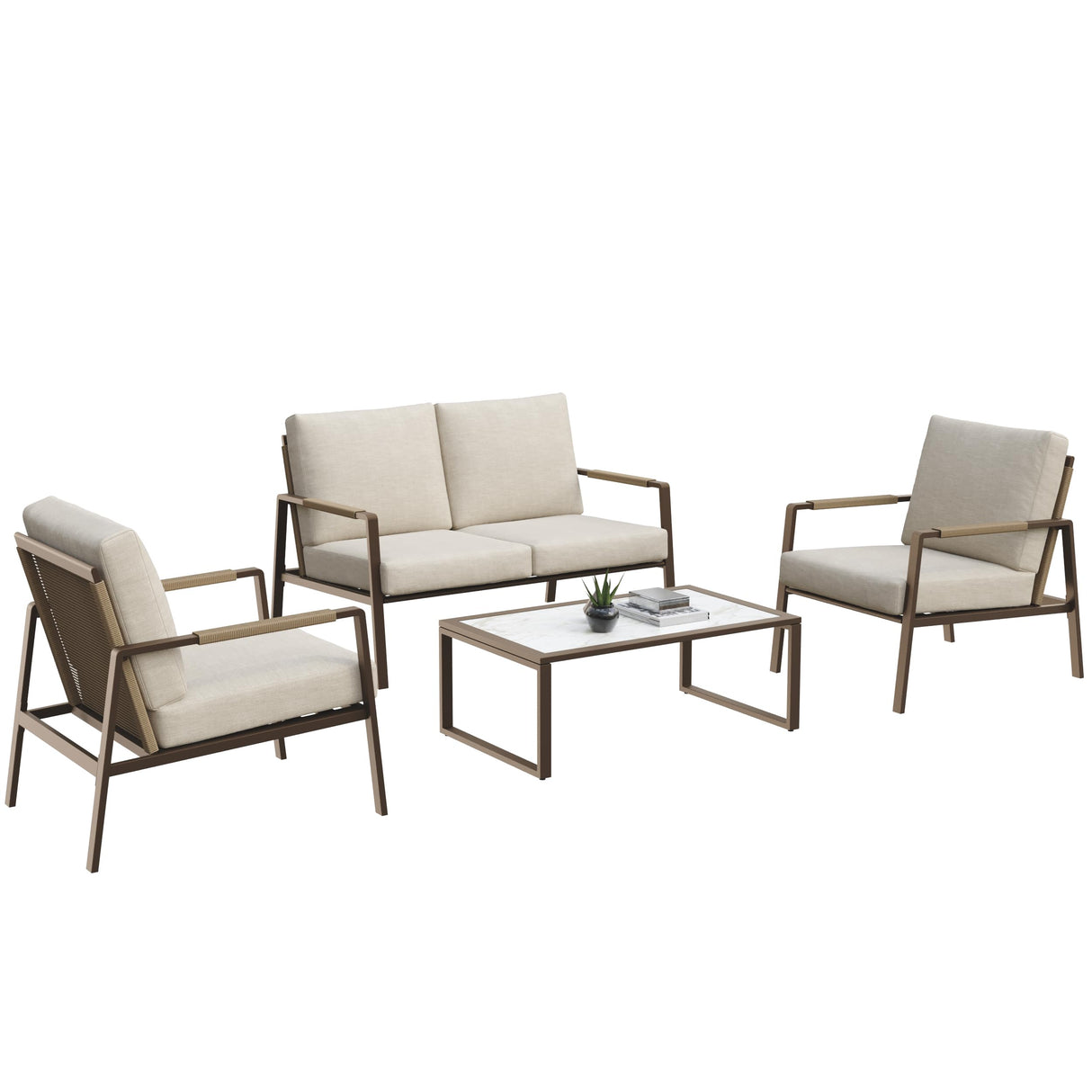 EAST OAK 4-Piece Patio Furniture Set, Outdoor Furniture Set with Thick Cushion,Waterproof Patio Conversation Set for 4, Woven Armrests Loverseat and Table for Backyard, Creamy Apricot EAST OAK
