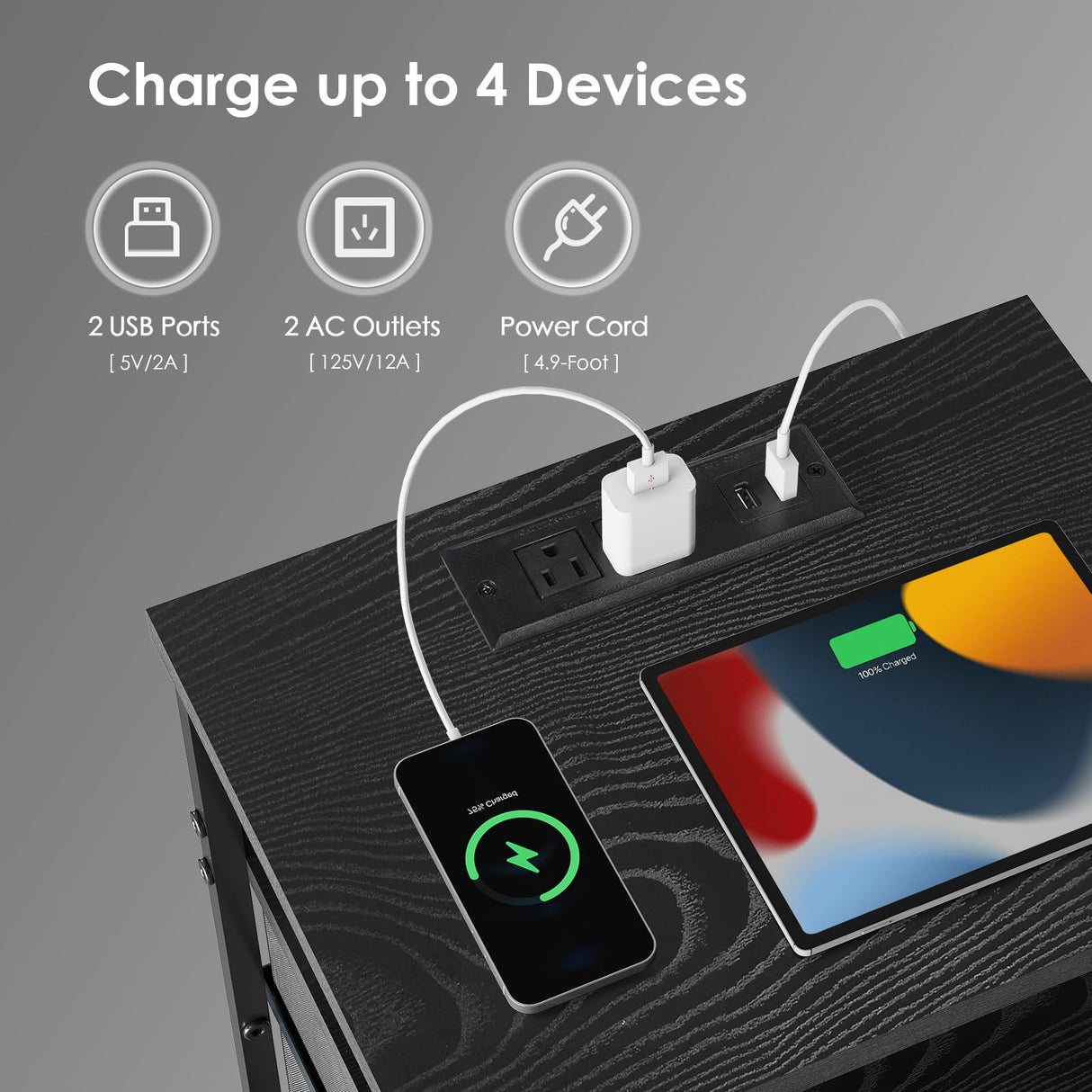 YeTom Nightstand with Charging Station Set of 2, LED Night Stand with 3 Fabric Drawers, Side Table with Open Shelf, End Table with Steel Frame, 3 Drawer Dresser for Bedroom, Black YeTom