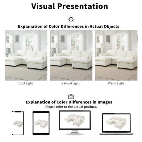 Merax 86.5" Sectional Sofa with Storage & Ottomans-Cream 5-Seater Sleeper Cloud Couch, Space Saving Convertible L/U Shaped Sofa Set, Chenille Upholstered Couches Bed for Living Room & Apartment, White Merax