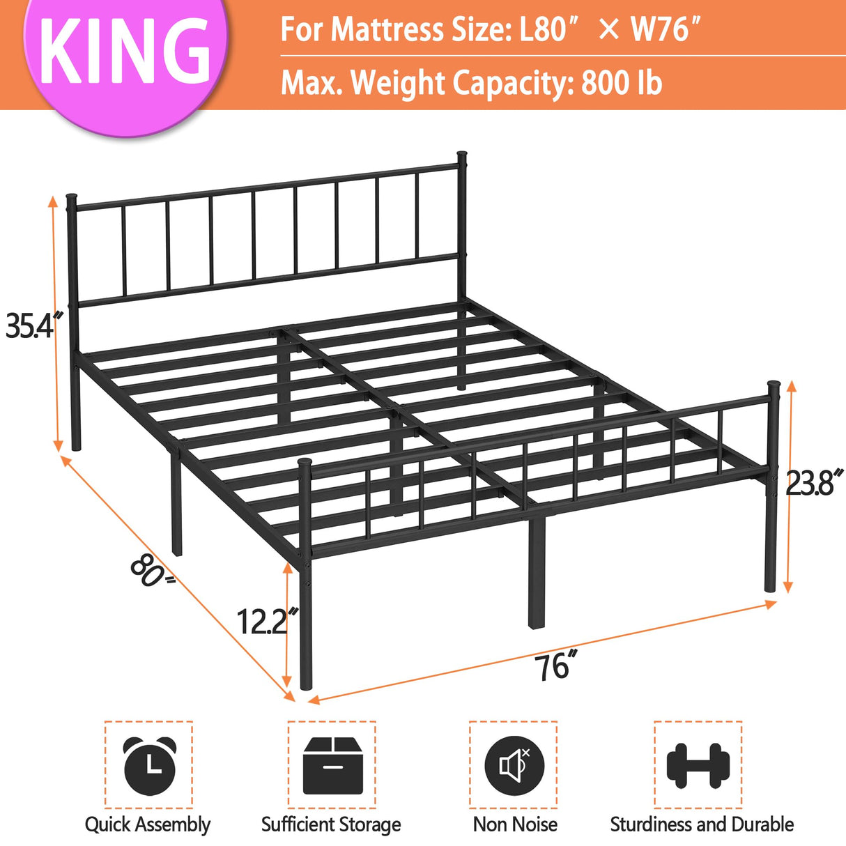 DIIYIV King Bed Frame-Classic Metal Platform Bed Frame,Mattress Foundation with Steel Slat Support,Under Foundation Storage,No Box Spring Needed, Easy Assembly, King Size DIIYIV
