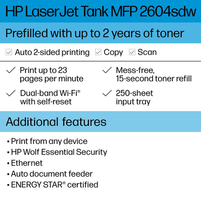 HP LaserJet-Tank MFP 2604sdw Wireless Black & White Printer Prefilled With Up to 2 Years of Original HP-Toner (381V1A)