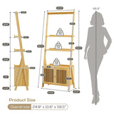 Bookcase with Drawers, 4-Tier Bamboo Bookshelf Ladder Shelf with 6 Hooks, Tall Narrow Book Shelf, 24.8"L x 10.6"W x 59.5"H, Standing Storage Organizer for Living Room, Home Office, Bedroom, Bathroom oakvivo