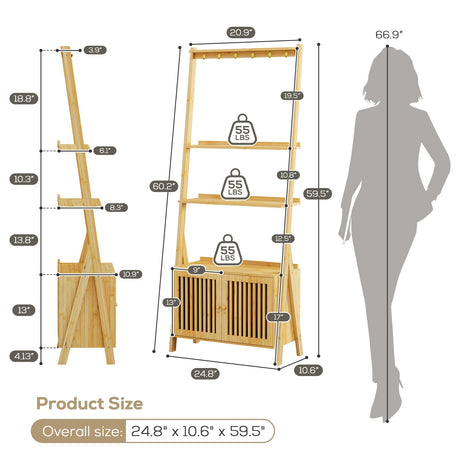 Bookcase with Drawers, 4-Tier Bamboo Bookshelf Ladder Shelf with 6 Hooks, Tall Narrow Book Shelf, 24.8"L x 10.6"W x 59.5"H, Standing Storage Organizer for Living Room, Home Office, Bedroom, Bathroom oakvivo
