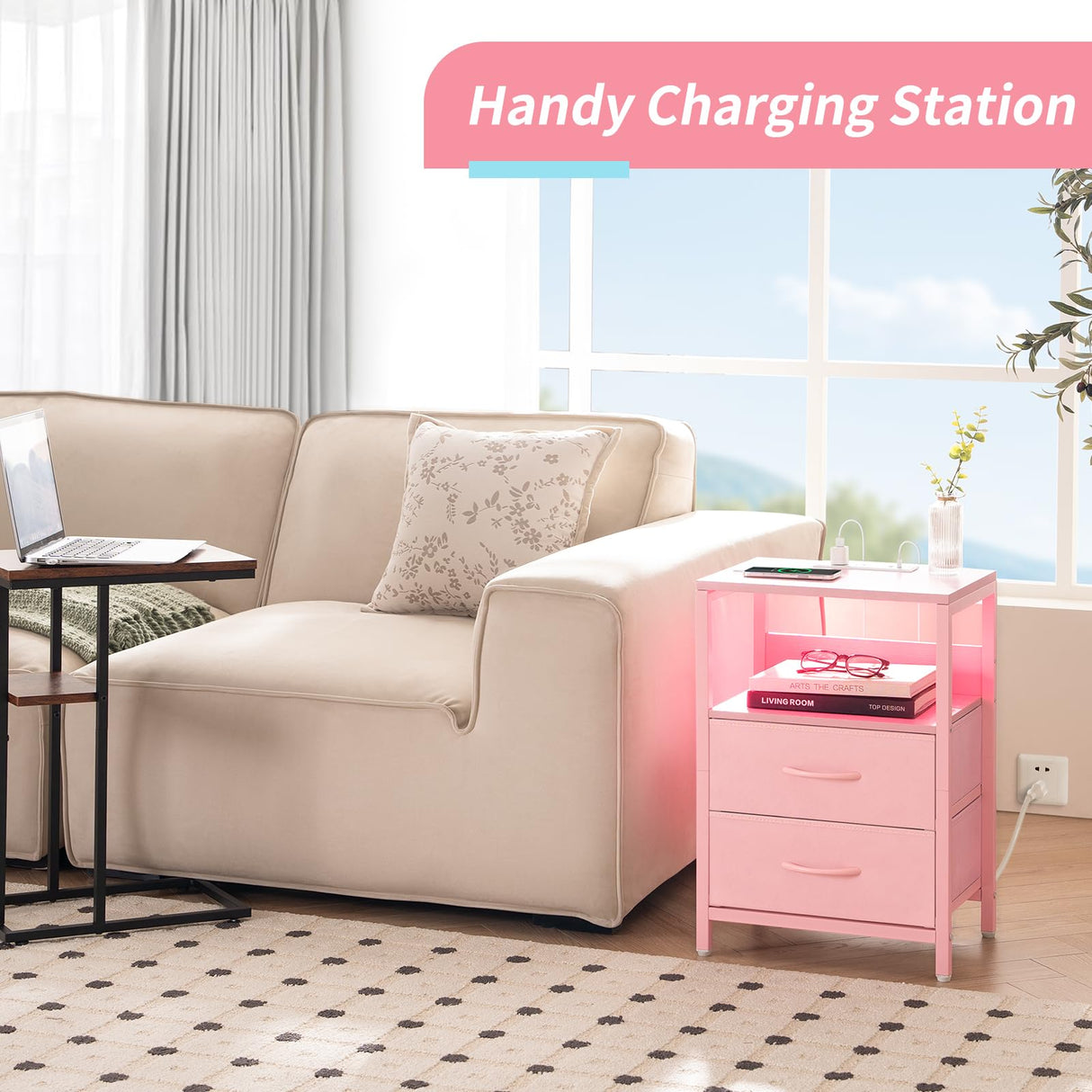 Yoobure Nightstand with Charging Station, LED Night Stand with Fabric Drawers and Storage Shelf for Bedroom, Nightstands Bedside Tables with USB Ports & Outlets, Small Night Stands, Bed Side Table Yoobure