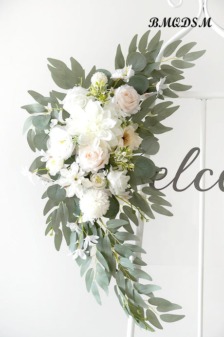 BMQDSM Wedding Arch Faux Flowers Set of 2 Greenery Garland for Wedding Decor Ceremony and Reception Backdrop Decoration (White) BMQDSM