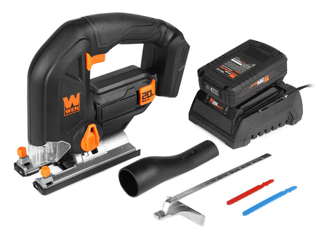 WEN Cordless Jigsaw, Variable Speed with 20V Max 2.0 Ah Lithium Ion Battery and Charger (20661) WEN