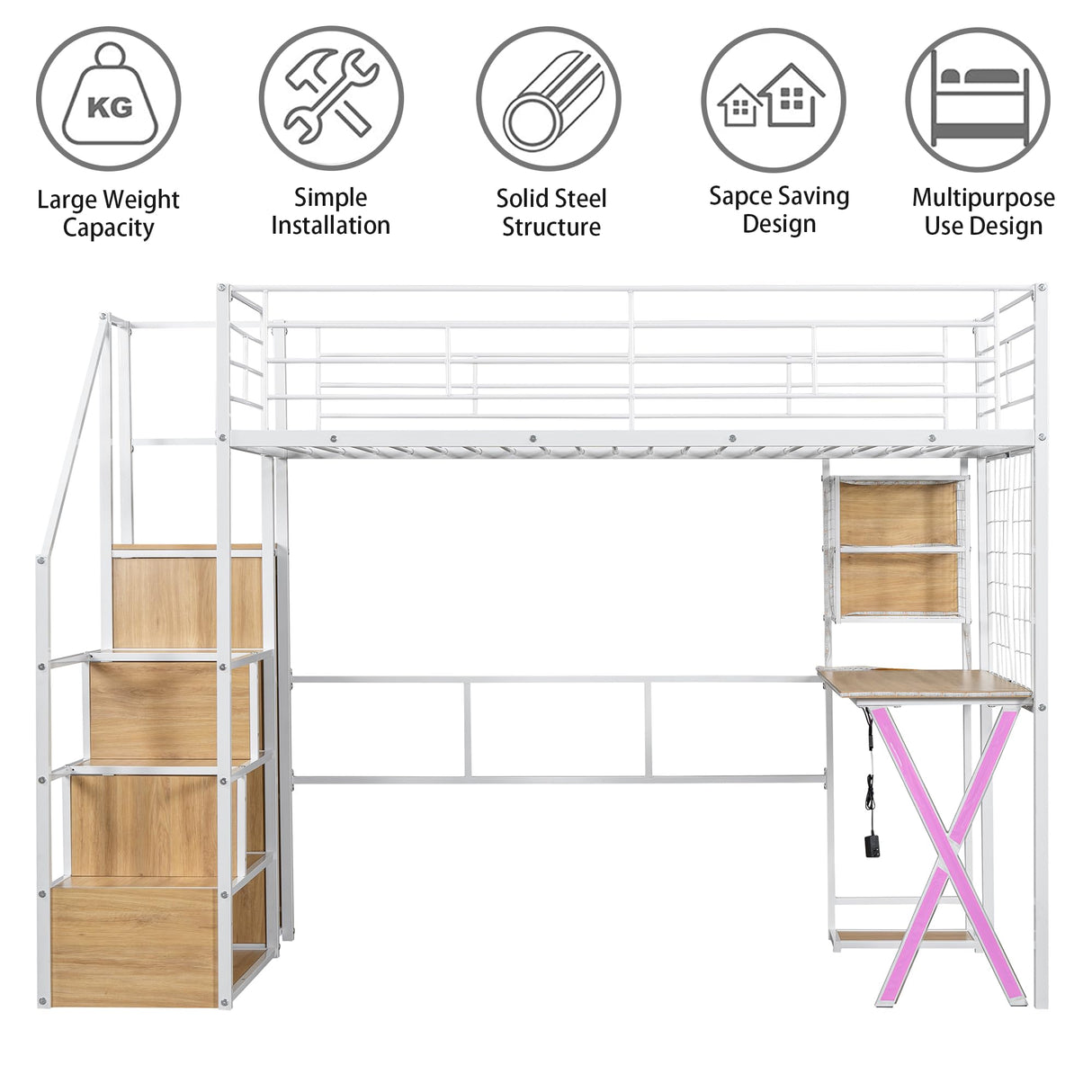 MoproBeti Twin Size Loft Bed with Desk and Storage Stairs,Metal Gaming Twin Loft Bed with LED Lighting, High Loft Bed with Wardrobe and Shelves for Boys,Girls,Teens, Adults,White MoproBeti