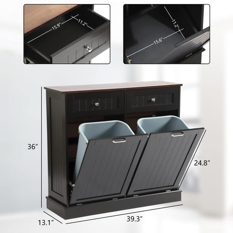 LOUVIXA Tilt Out Trash Can Cabinet Dog Proof with Double Wood Hidden Trash Can Holder, Kitchen Free Standing Recycling Cabinet（Black） LOUVIXA