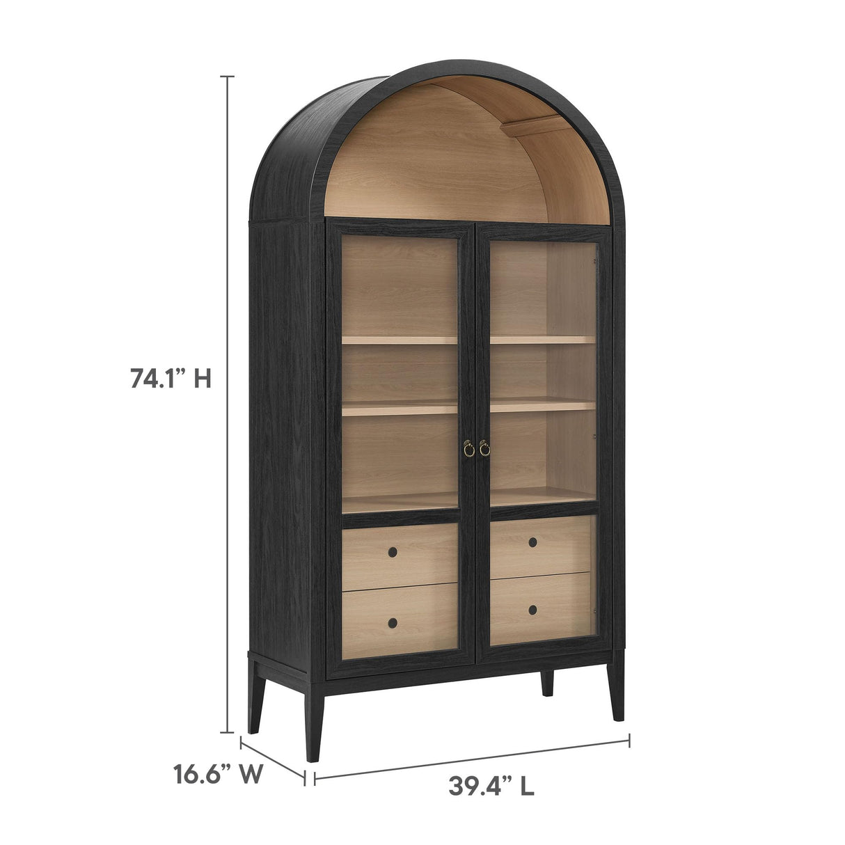 Modway Nolan Tall Arched Storage Display Cabinet in Black Oak - 74 Inch Arch Bookshelf with Glass Doors, Shelves and Drawers - Modern Accent Cabinet for Living Room, Dining Room Modway