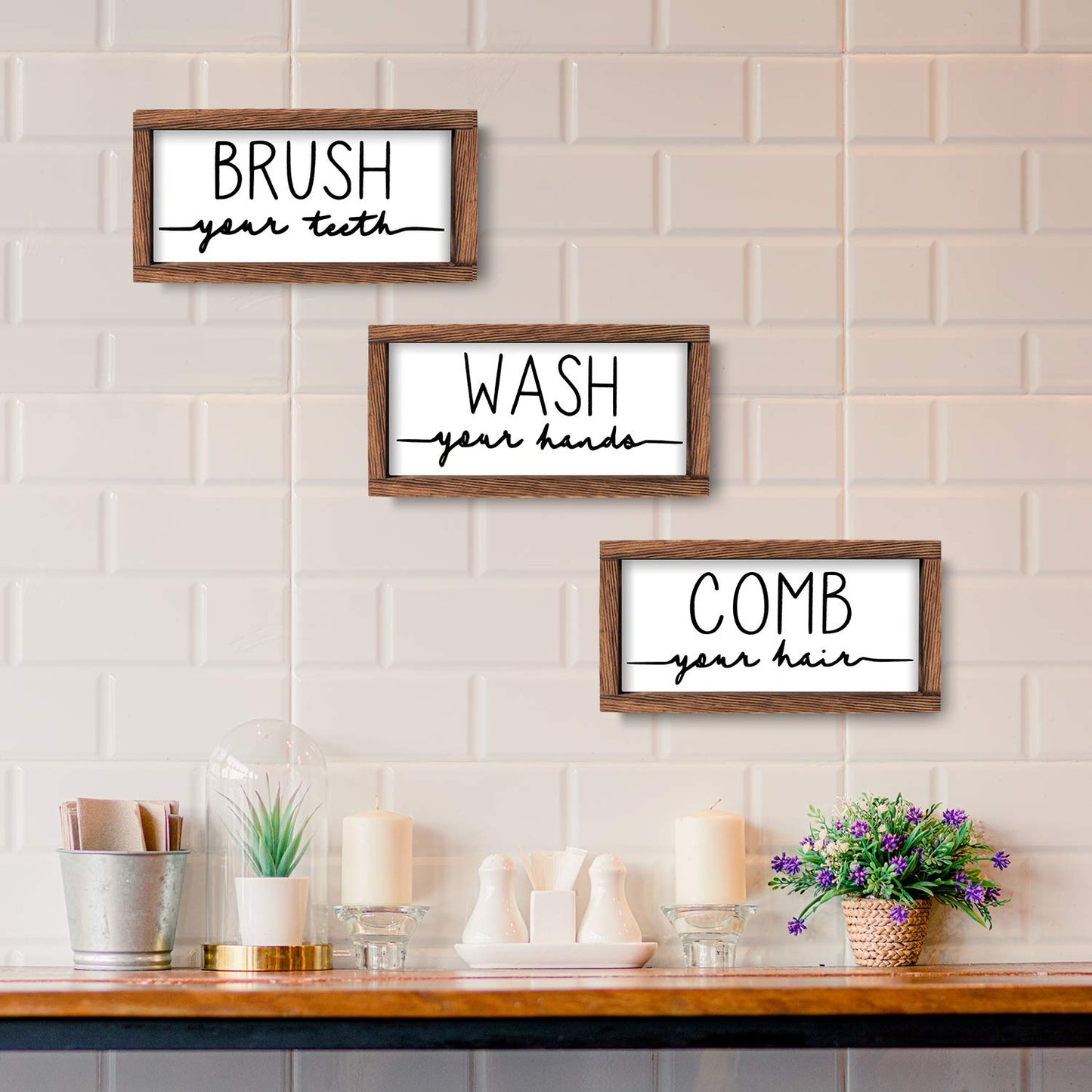 LIBWYS Bathroom Sign & Plaque (Set of 3) Wash Your Hands Brush Your Teeth Comb Your Hair Decorative Rustic Wood Farmhouse Bathroom Wall Decor (White)