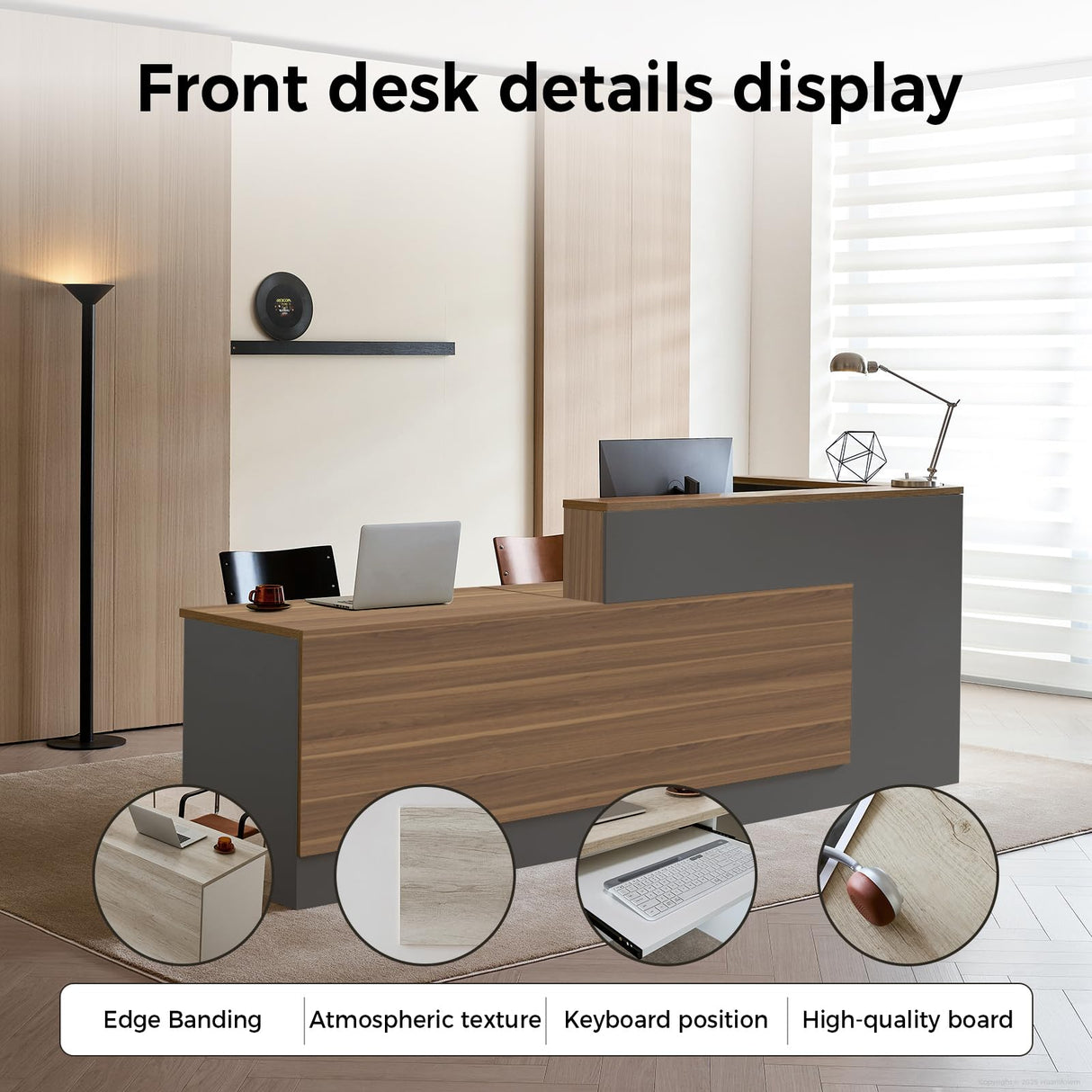 Huariifowm Modern L Shape Reception Desk with Counter,Stylish Front Desk Reception Counter with Drawers, Open Shelves, and Keyboard Tray (Walnut+Iron Gray/Left, 71" L*24" W*41" H) Huariifowm