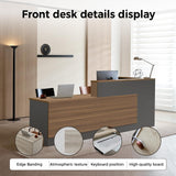 Huariifowm Modern L Shape Reception Desk with Counter,Stylish Front Desk Reception Counter with Drawers, Open Shelves, and Keyboard Tray (Walnut+Iron Gray/Left, 87" L*24" W*41" H) Huariifowm