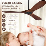 Solid Wood Ceiling Fan Without Light, 52 inch Walnut Ceiling Fan with 3 Wood Blades 6 Speeds Smart Timing Reversible DC Motor, Modern Ceiling Fan for Indoor Outdoor Farmhouse/Patios - Dark Walnut… Zronon