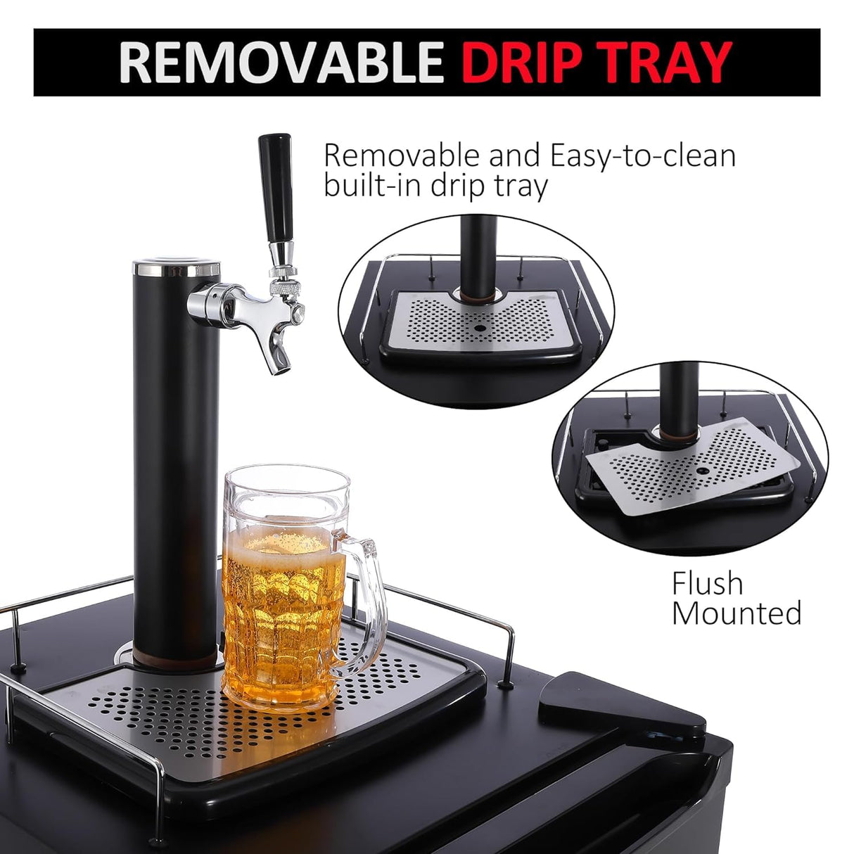 TROPOW Kegerator and Keg Beer Cooler, Single Faucet Draft Beer Dispenser, Full Size Keg Refrigerator With Shelves, Stainless Steel, Drip Tray & Rail, Black TROPOW