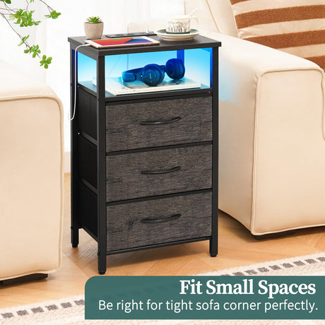 Yoobure Night Stand with Charging Station, 20 Colors LED Nightstand with USB Ports and Outlets, End Table with 3 Fabric Drawers and Storage Shelf, Bedside Tables Small Dresser for Small Space, Gray Yoobure
