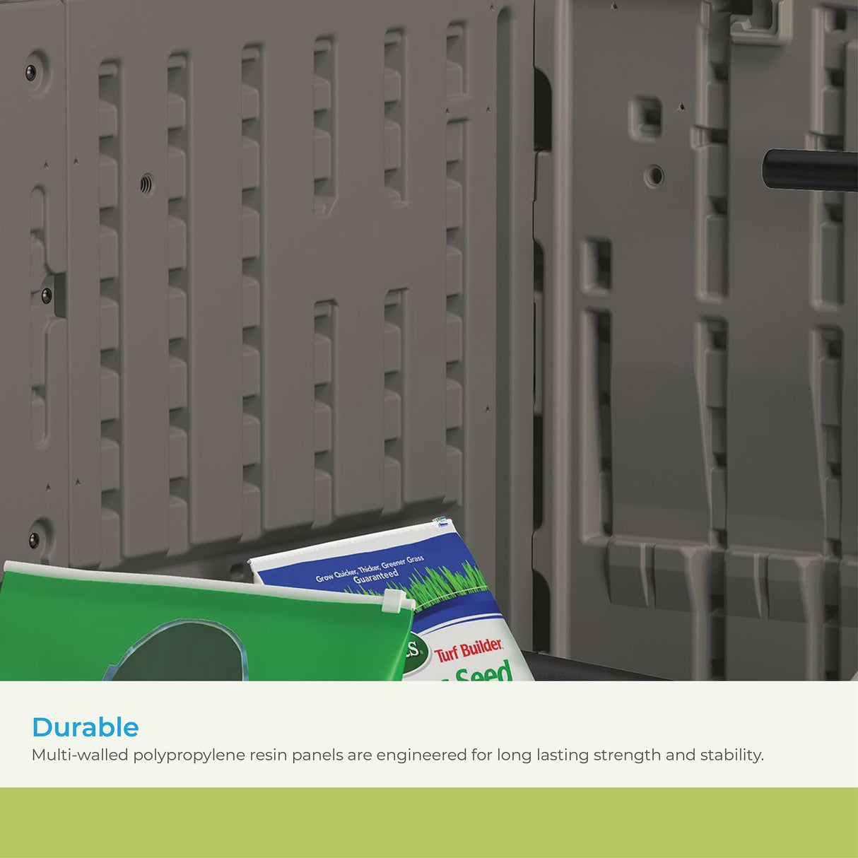 Suncast Modernist 4' x 2.5' Lockable Outdoor Garden Resin Low Profile Horizontal Storage Shed with 3 Doors, 34 Cubic Feet, Gray Suncast