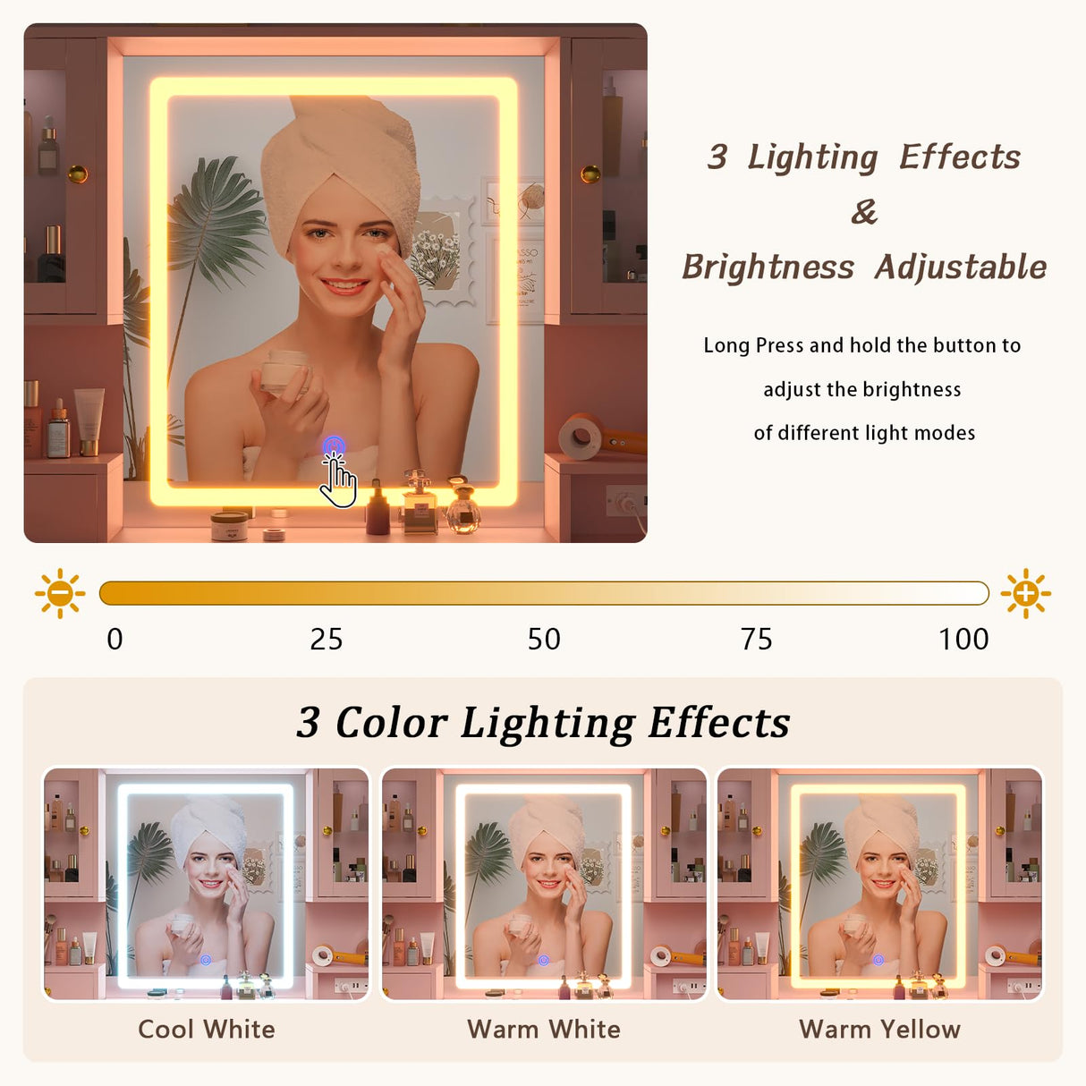 CSZZD Vanity Desk with LED Lighted Mirror, 41.3" Makeup Vanity Table with Power Outlet and Lots Storage, 6 Drawers and Storage Shelves for Bedroom, Dressing Table with RGB Cabinets, Pink CSZZD