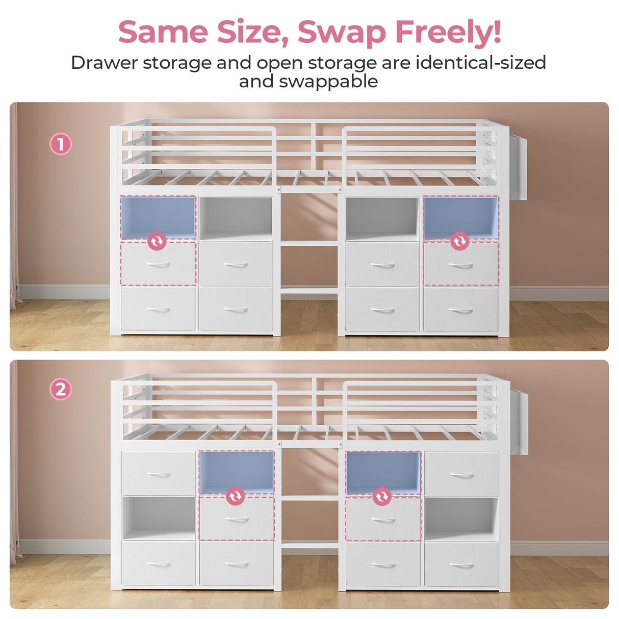 ADORNEVE Low Loft Bed Twin Size with 8 Storage Drawers, Twin Loft Bed with Bookcase and LED Lights, Metal Kids Loft Bed with 14" H Safety Guardrail, Under-Bed Play Space, No Box Spring Needed, White ADORNEVE