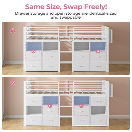 ADORNEVE Low Loft Bed Twin Size with 8 Storage Drawers, Twin Loft Bed with Bookcase and LED Lights, Metal Kids Loft Bed with 14" H Safety Guardrail, Under-Bed Play Space, No Box Spring Needed, White ADORNEVE